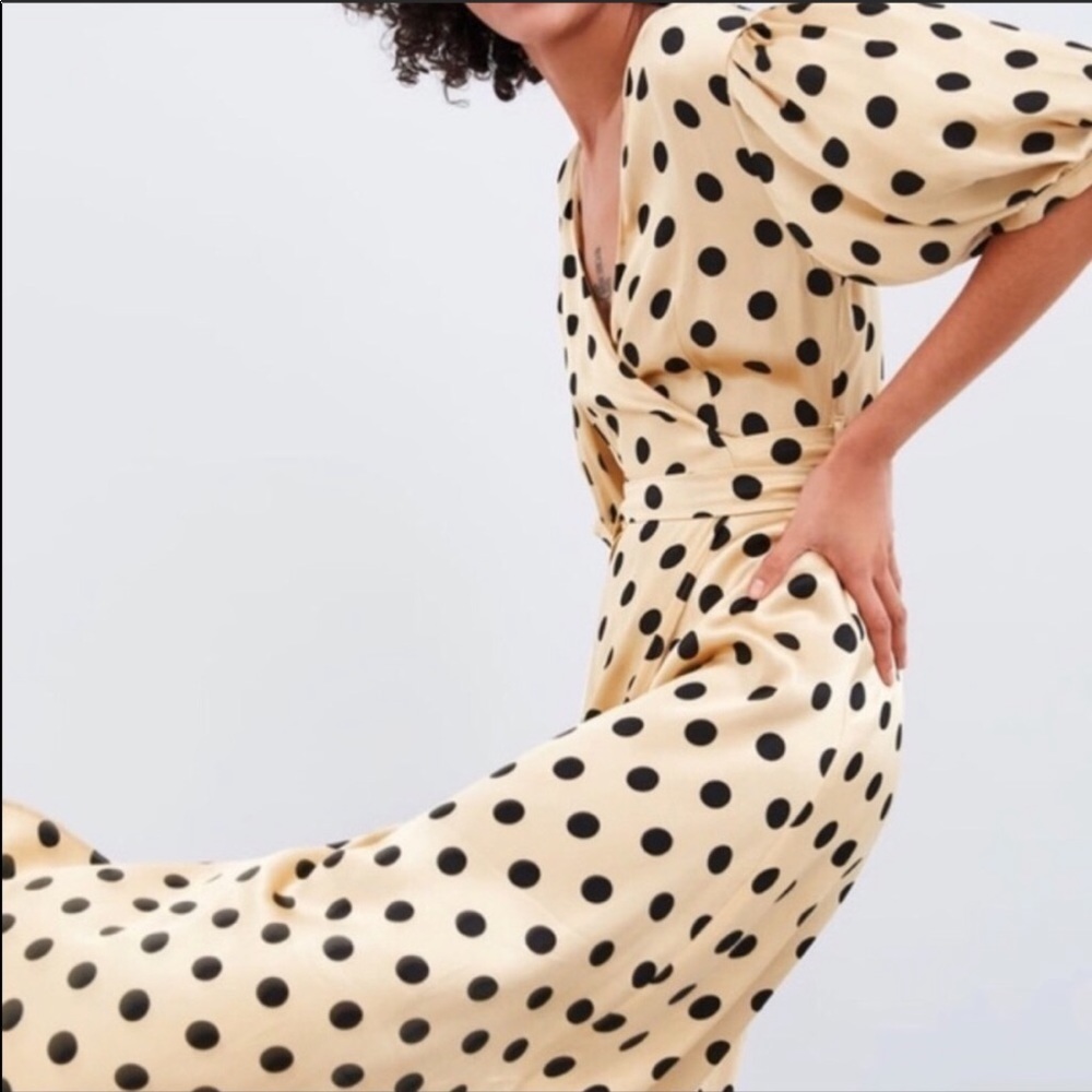 Zara, polka dot satin wrap dress puff sleeve gold